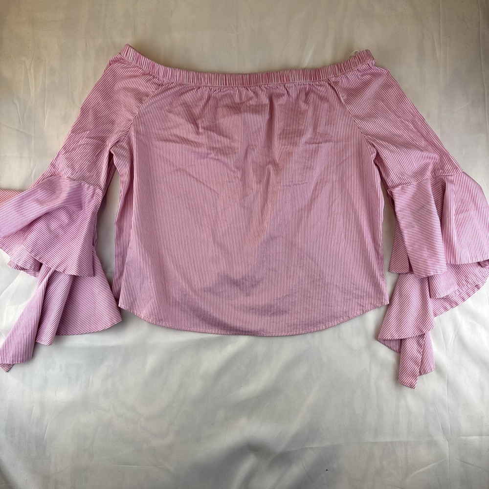 New York And Company Size Large Pink White Stripes Bell Sleeves Top